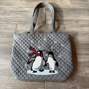 New Vera Bradley Quilted Gray Tote Bag Embroidered Penguin